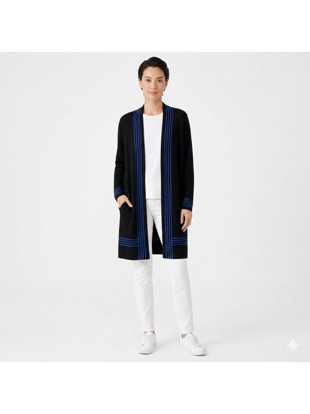 LIZ CLAIBORNE Rayon Poly Blend Black Long Line Cardigan w/ Cobalt Stripes Sz 2X